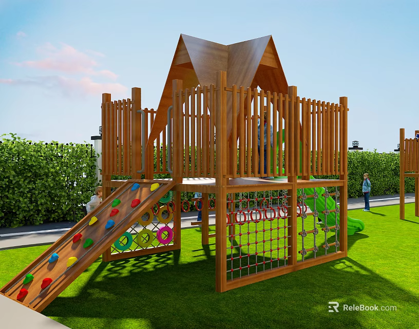 Wooden Playground Equipment With Triangular Roof Slide Climbing Net Colorful Dots On Green Grass 3d model 
