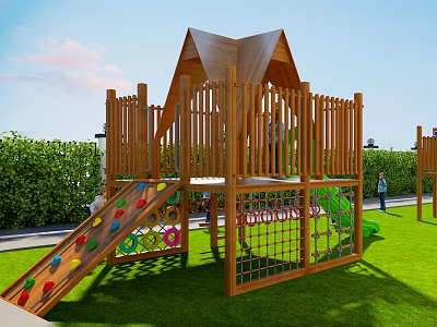 Wooden Playground Equipment With Triangular Roof Slide Climbing Net Colorful Dots On Green Grass 3d model