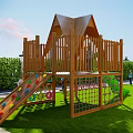 Wooden Playground Equipment With Triangular Roof Slide Climbing Net Colorful Dots On Green Grass