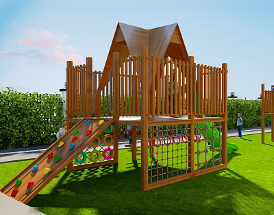 Wooden Playground Equipment With Triangular Roof Slide Climbing Net Colorful Dots On Green Grass 3d model