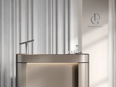 Modern Sleek Reception Desk With Gray Curtains And Property Hall Logo 3d model