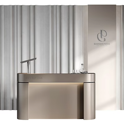 Modern Sleek Reception Desk With Gray Curtains And Property Hall Logo 3d model