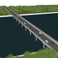Scenic Road Bridge Over Calm Water With Vehicles Driving Surrounded by Green Trees and Grass