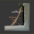 Outdoor Wooden Table with Two Chairs and Green Vines Against Brick Wall Slate Floor
