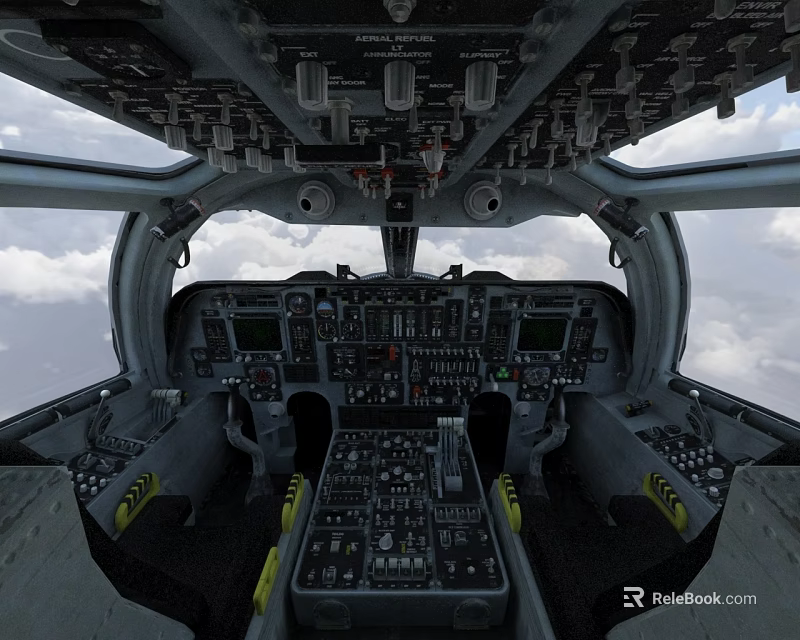 Fighter Jet Cockpit Interior With Dashboard Control Panel Flight Instruments And Cloud View 3d model