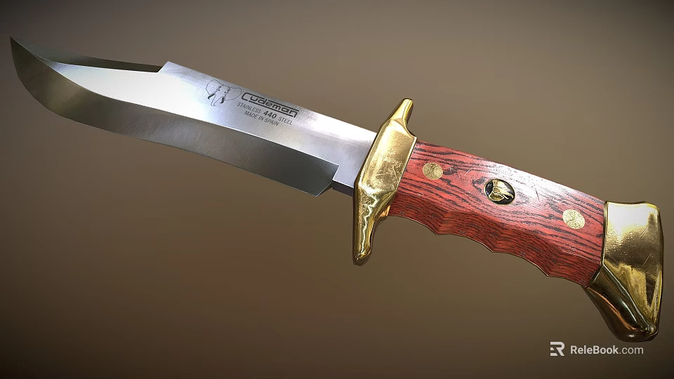 Vintage Hunting Knife With Silver Blade Golden Guard And Red Wooden Handle 3d model 