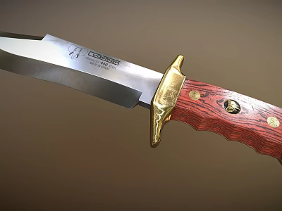 Vintage Hunting Knife With Silver Blade Golden Guard And Red Wooden Handle 3d model