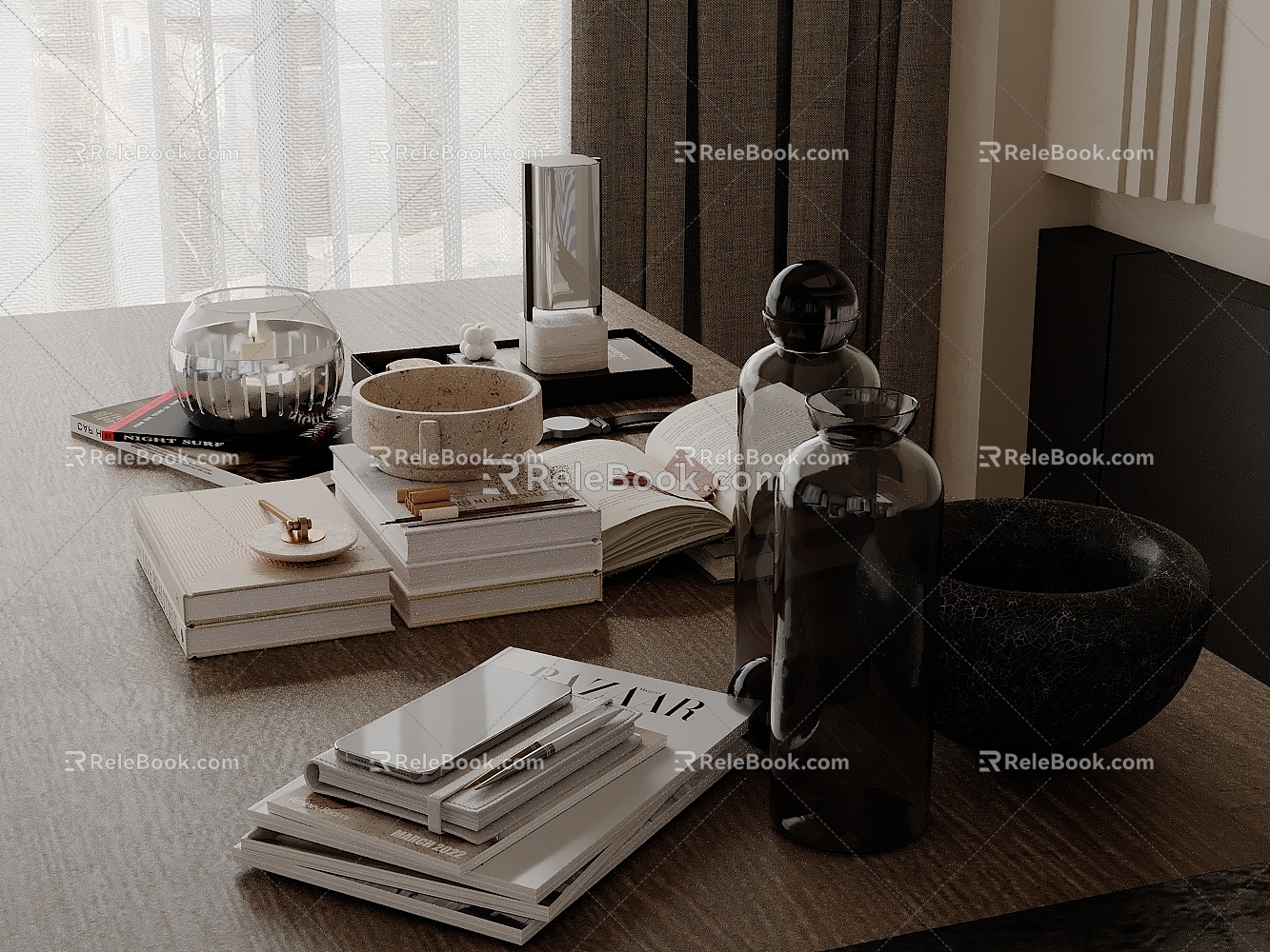 Modern Table Ornaments Books Candle Kettle 3d model