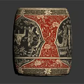 Traditional Cylindrical Stool With Red Black Intricate Patterns And Ornate Decorative Designs