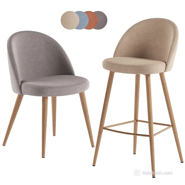 Modern Fabric Upholstered Dining Chair and Bar Stool with Wooden Legs and Color Options 3d model 