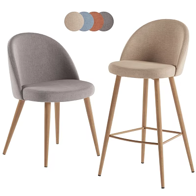 Modern Fabric Upholstered Dining Chair and Bar Stool with Wooden Legs and Color Options 3d model