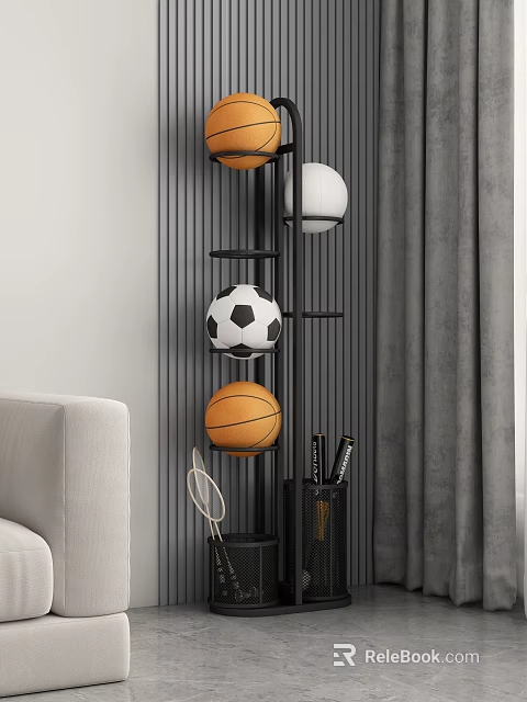 Single Sofa Featuring Ball Display Stand Soccer Basketball Gray Curtains And Striped Wall 3d model 