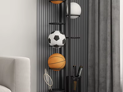Single Sofa Featuring Ball Display Stand Soccer Basketball Gray Curtains And Striped Wall 3d model