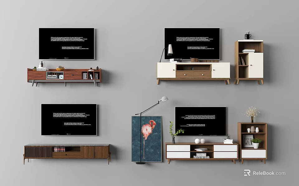 Modern TV Stand Designs with Flat Screen TV Wooden Shelves Decorative Plants and Storage Cabinets 3d model 