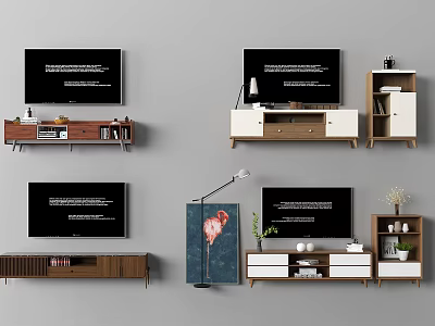 Modern TV Stand Designs with Flat Screen TV Wooden Shelves Decorative Plants and Storage Cabinets 3d model