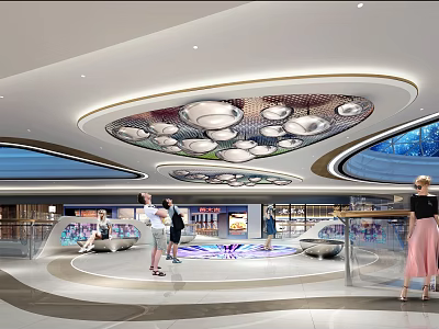 Modern Shopping Mall Lobby Interior With Unique Ceiling Design Spacious Layout And Seating Areas 3d model
