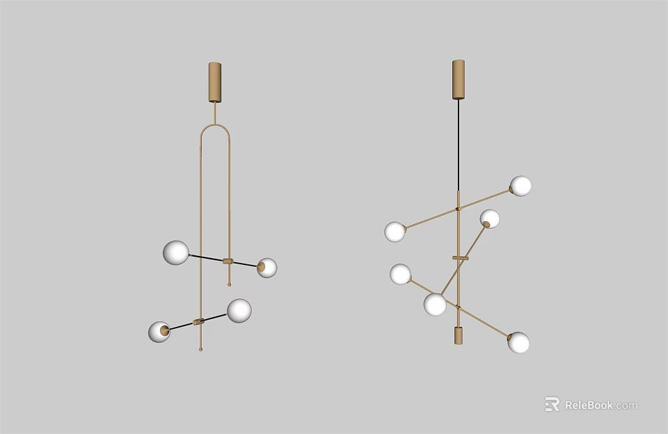 Modern Gold Metal Chandelier With Multiple White Spherical Bulbs And Branches 3d model 