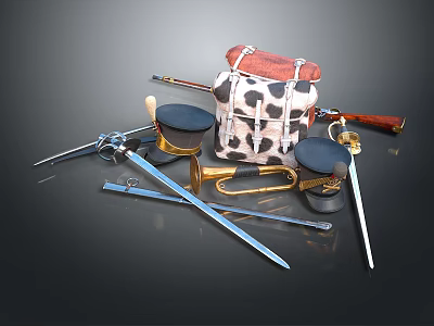 Vintage Historical Military Weapons Display With Rifle Sword Pistol And Gear 3d model