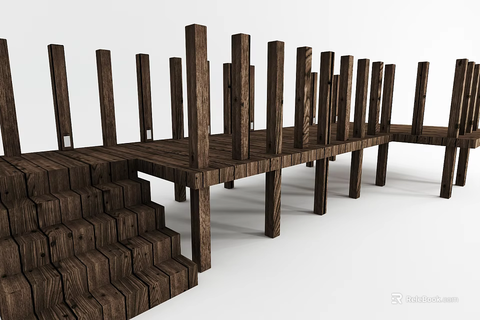 Natural Wooden Garden Decor With Steps Platforms And Vertical Support Posts Structure 3d model