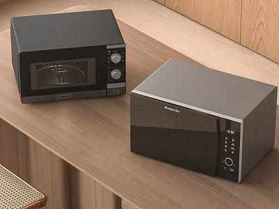 Sleek Modern Black Kitchen Microwave And Oven Appliances On Wooden Countertop 3d model