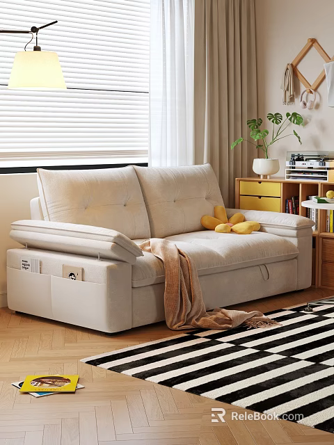 Beige Two Seater Sofa with Yellow Cushions Brown Blanket Near Yellow Cabinet and Green Plant 3d model 