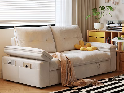 Beige Two Seater Sofa with Yellow Cushions Brown Blanket Near Yellow Cabinet and Green Plant 3d model