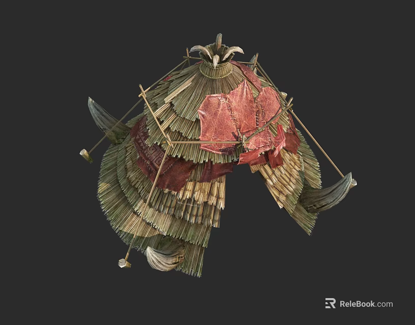 Traditional Handmade Headdress With Grass Feathers Red Fabric Cultural Design 3d model 