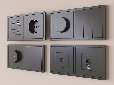 Black Wall Mounted Switch Panels With Socket USB Ports Knobs And Network Interfaces 3d model