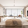 Modern Living Room Interior With Beige Sofa Coffee Table And Floor to Ceiling Windows