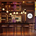 Modern Bar Interior With Bar Counter Stools Wine Racks Pendant Lights And Circular Logo 3d model