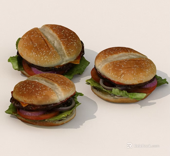 Delicious Juicy Hamburgers With Sesame Buns Lettuce Tomato And Onion 3d model 