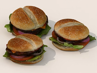 Delicious Juicy Hamburgers With Sesame Buns Lettuce Tomato And Onion 3d model