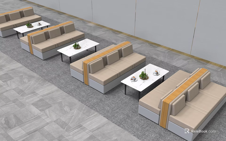 Modern Public Lounge Chairs With Coffee Tables And Plants In Indoor Space 3d model 