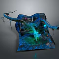 Cartoon Style Fantasy Scene with Twisted Glowing Branches Blue Green Terrain and Colorful Accents
