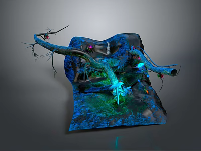 Cartoon Style Fantasy Scene with Twisted Glowing Branches Blue Green Terrain and Colorful Accents 3d model
