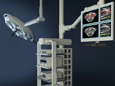Medical Equipment Setup Featuring Surgical Light Mobile Cart And Display Screen With Four Medical 3d model