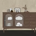 Modern Wooden Sideboard With Glass Doors Plates Inside Drawers And Decorative Items On Top