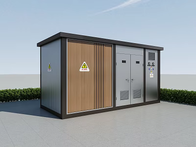 Outdoor Public Electrical Facility With Metal And Wooden Exterior And Green Bushes 3d model