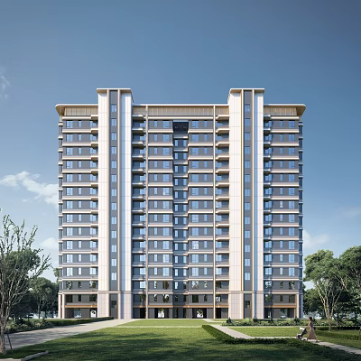 Modern High Rise Residential Building Exterior Design With Large Windows Balconies And Trees 3d model