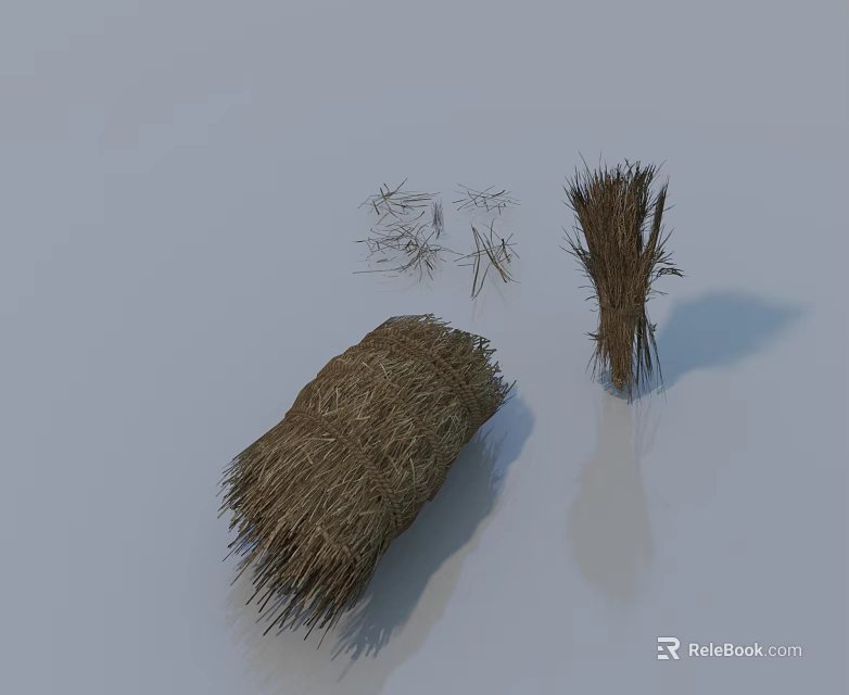 Different Shaped Hay Bales With Scattered Hay On White Surface 3d model 