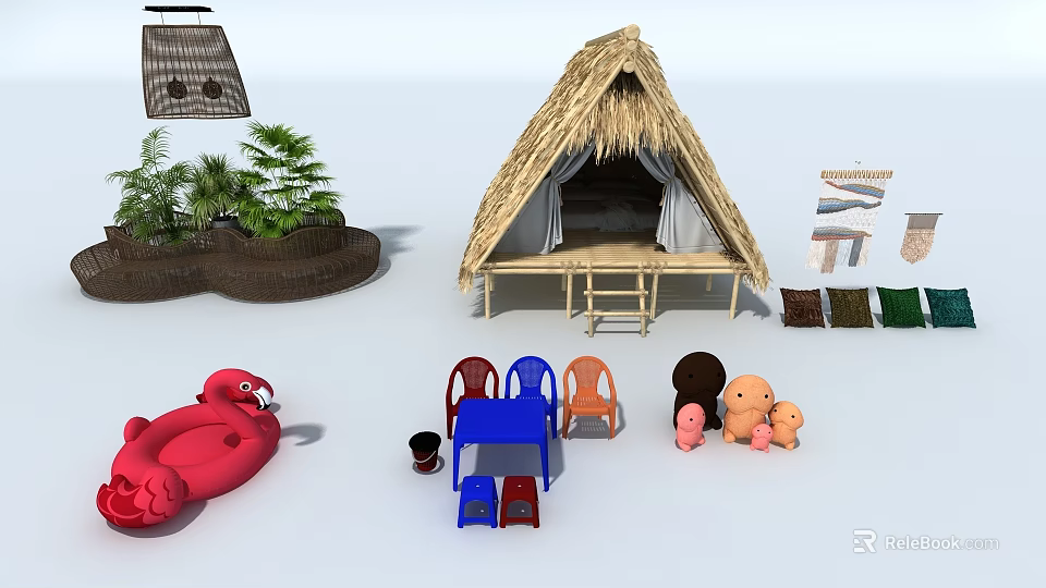 Various Colored Outdoor Chairs In Outdoor Setting With Thatched Hut And Plants 3d model 