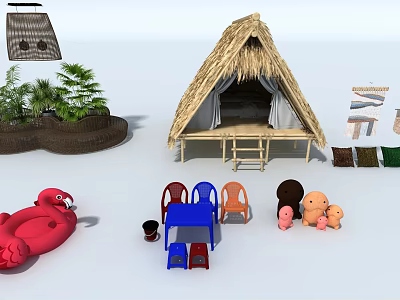 Various Colored Outdoor Chairs In Outdoor Setting With Thatched Hut And Plants 3d model