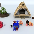 Various Colored Outdoor Chairs In Outdoor Setting With Thatched Hut And Plants