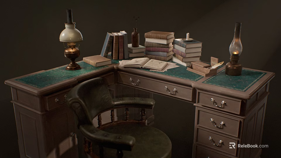 Vintage Wooden Desk with Stacked Books Antique Lamps and Leather Chair 3d model 