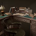 Vintage Wooden Desk with Stacked Books Antique Lamps and Leather Chair