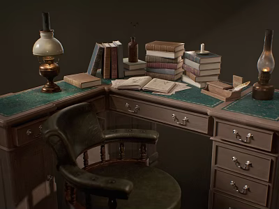 Vintage Wooden Desk with Stacked Books Antique Lamps and Leather Chair 3d model
