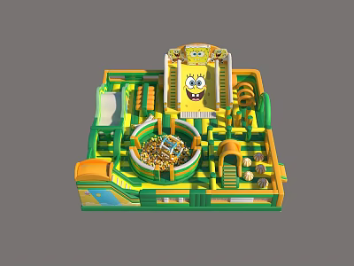 Colorful Green Yellow Inflatable Play Equipment With SpongeBob Slide And Ball Pit 3d model