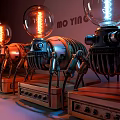 Vintage Mechanical Table Lamp With Metal Components Transparent Bulb And Wooden Base