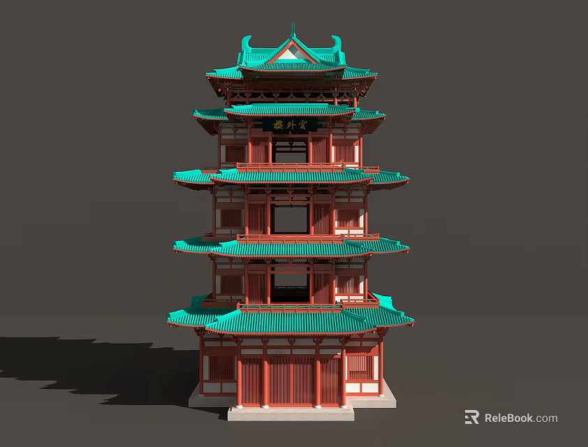 Traditional Chinese Five Story Pagoda With Green Roof Red Walls And Ornate Eaves 3d model 