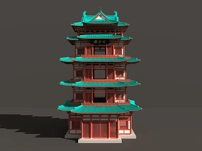 Traditional Chinese Five Story Pagoda With Green Roof Red Walls And Ornate Eaves 3d model